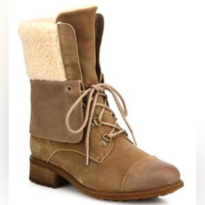 UGG AUS Gradin Lace Up Suede Wool Winter Boots Sheepskin Fur Outdoor Fold Over